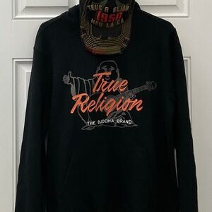 SCRIPT BUDDHA PULLOVER HOODIE With True religion 1956 MFG LA CA Cap.